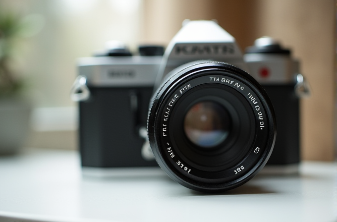 A close-up of a vintage camera lens, with the rest of the camera blurred in the background.