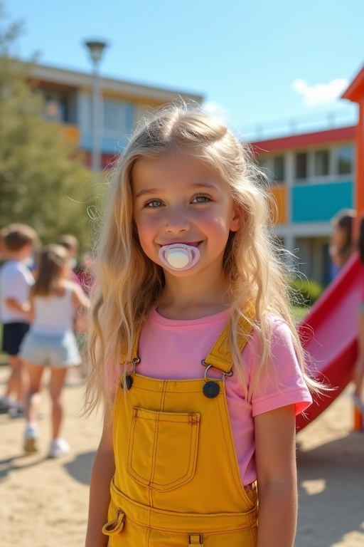 A girl stands in the school playground. She has long light blond hair and green eyes. She wears yellow dungarees and a pink t-shirt. Background features children playing. Bright sunny day at school.