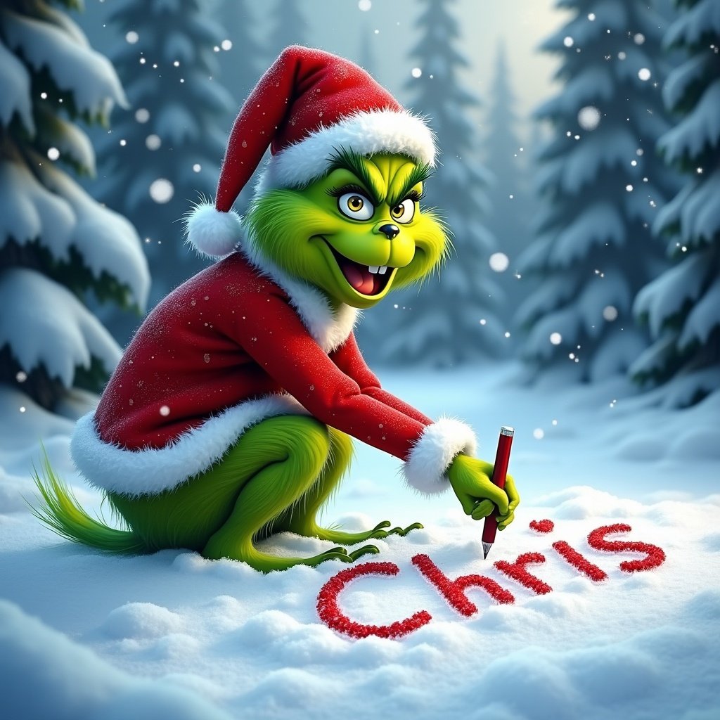 Grinch wearing Santa suit writing name Chris in fresh snow. Snow is falling. Scene surrounded by snow-covered trees. Grinch has cheerful expression.