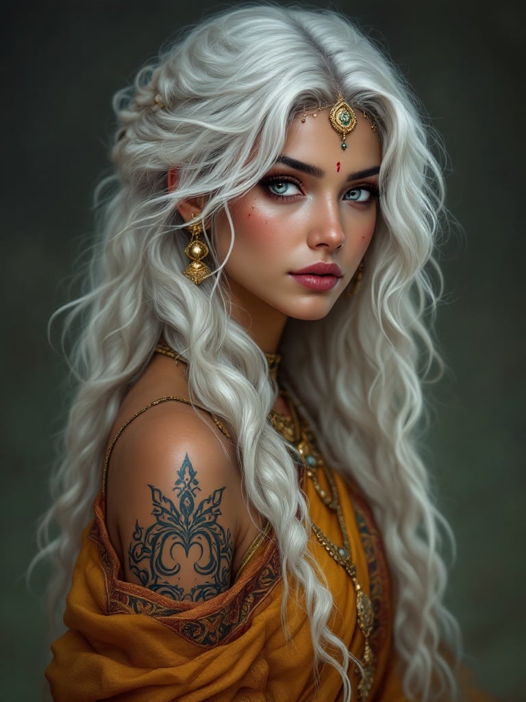 Young woman with long white curly hair. Indian clothing is vibrant. Grey eyes are captivating. Big tattoo on the right arm and scars add character.