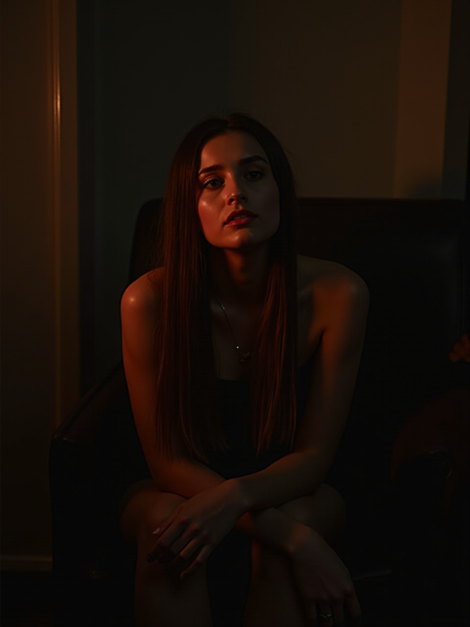 A woman sitting in a dark room, softly lit, with a contemplative expression.