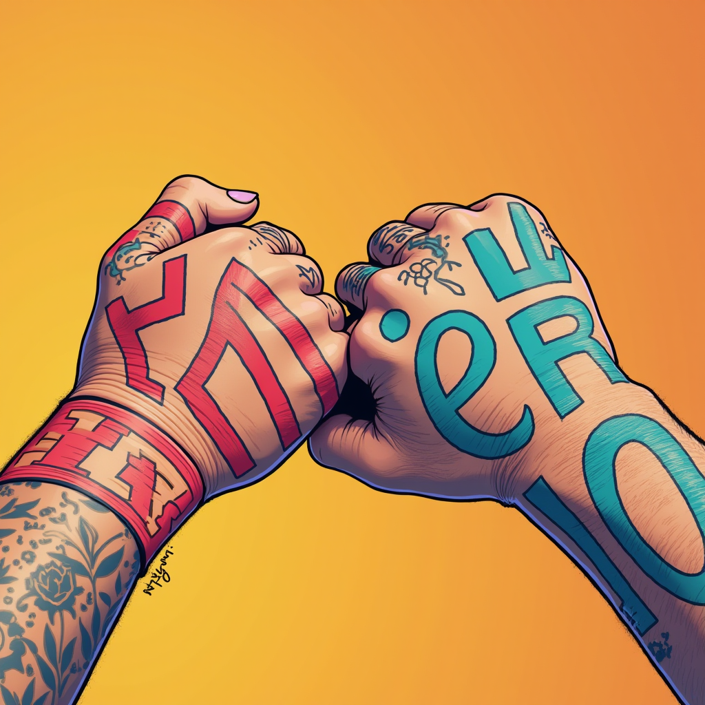 Two tattooed hands with contrasting colored designs fist-bumping against a vibrant background.