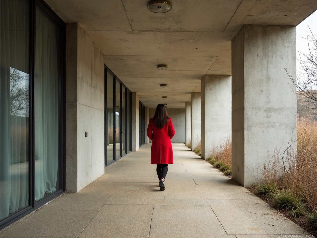 This image depicts a woman in a striking red coat walking down a contemporary outdoor corridor with concrete pillars on one side and large glass windows on the other. The overcast lighting gives a moody atmosphere, enhancing the contrast between the vibrant red coat and the muted tones of the architecture and surrounding vegetation.