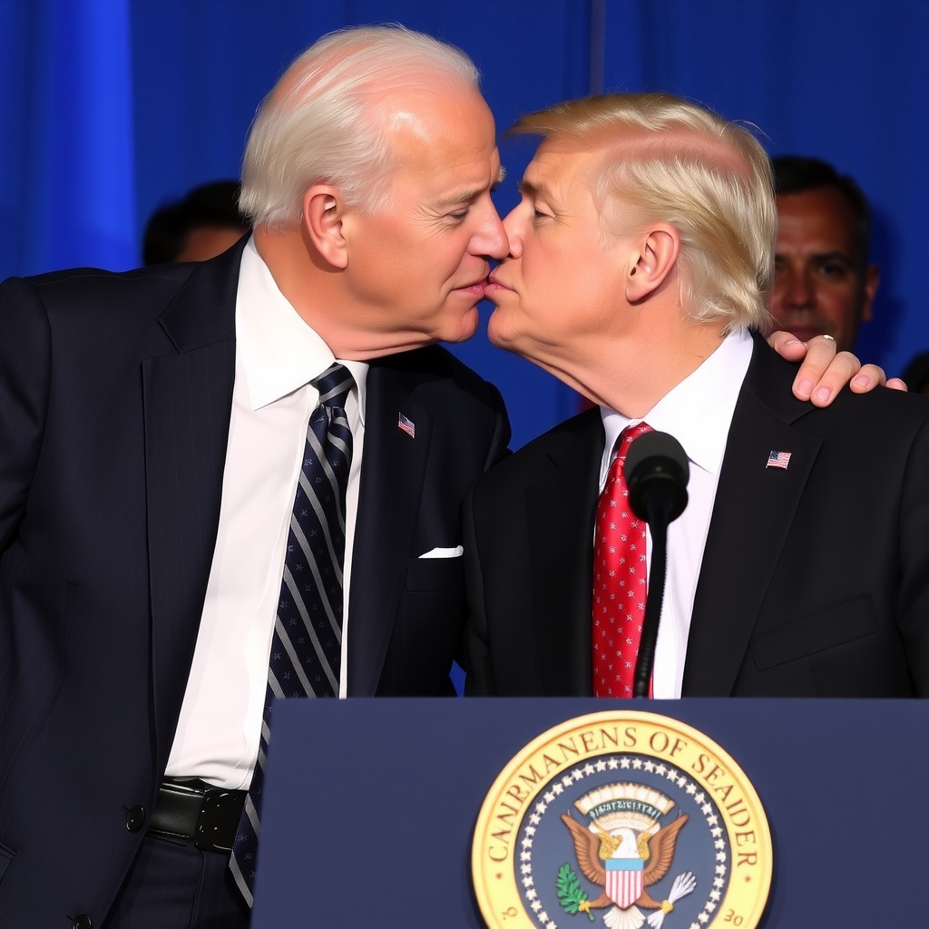 Two political figures share a humorous, exaggerated close moment at a podium.