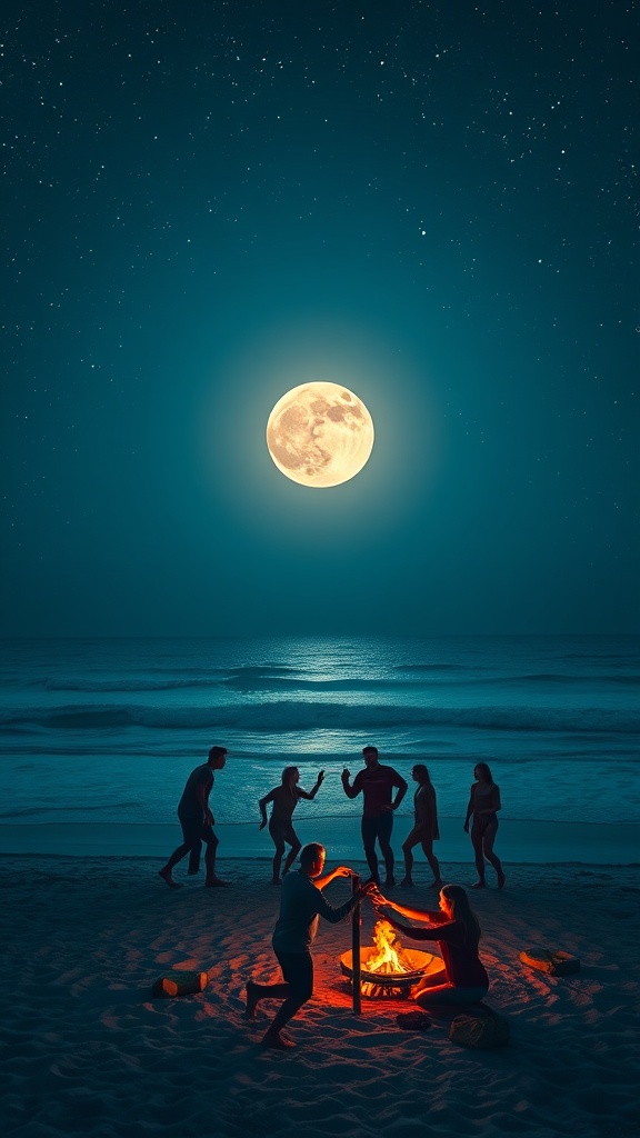 A serene beach scene under a luminous full moon, where silhouettes of people gather and dance around a bright campfire. The moonlight casts a magical glow on the ocean, creating a peaceful yet vibrant atmosphere that highlights the joy and camaraderie of the moment under a starlit sky.