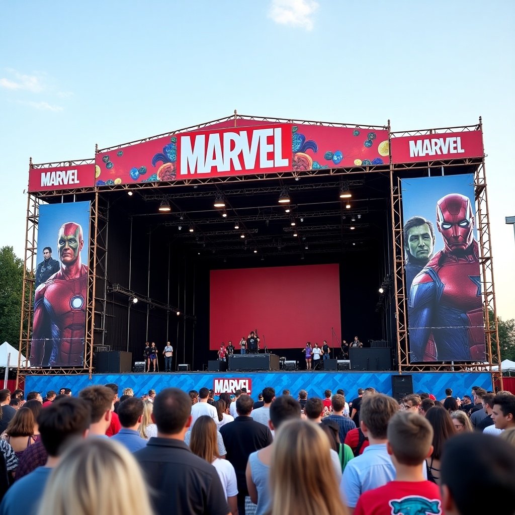 The image captures a bustling outdoor venue set up for a Marvel-themed festival. A large stage made of scaffold is prominently displayed, adorned with vibrant banners featuring popular Marvel characters. The crowd is gathered in front, eagerly awaiting performances. The blue sky provides a bright backdrop, enhancing the festive atmosphere. Stalls and tents can be seen in the background, indicating the event's scale. This setup invites attendees to immerse themselves in the Marvel universe and enjoy live entertainment.