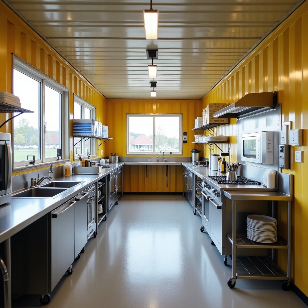 Image shows a commercial kitchen inside a shipping container designed for catering. Kitchen lacks a stove and oven. Features ample freezer storage, prep counters, and sinks. Windows allow natural light but can be secured. Decorated in inviting colors. The space is organized and functional.