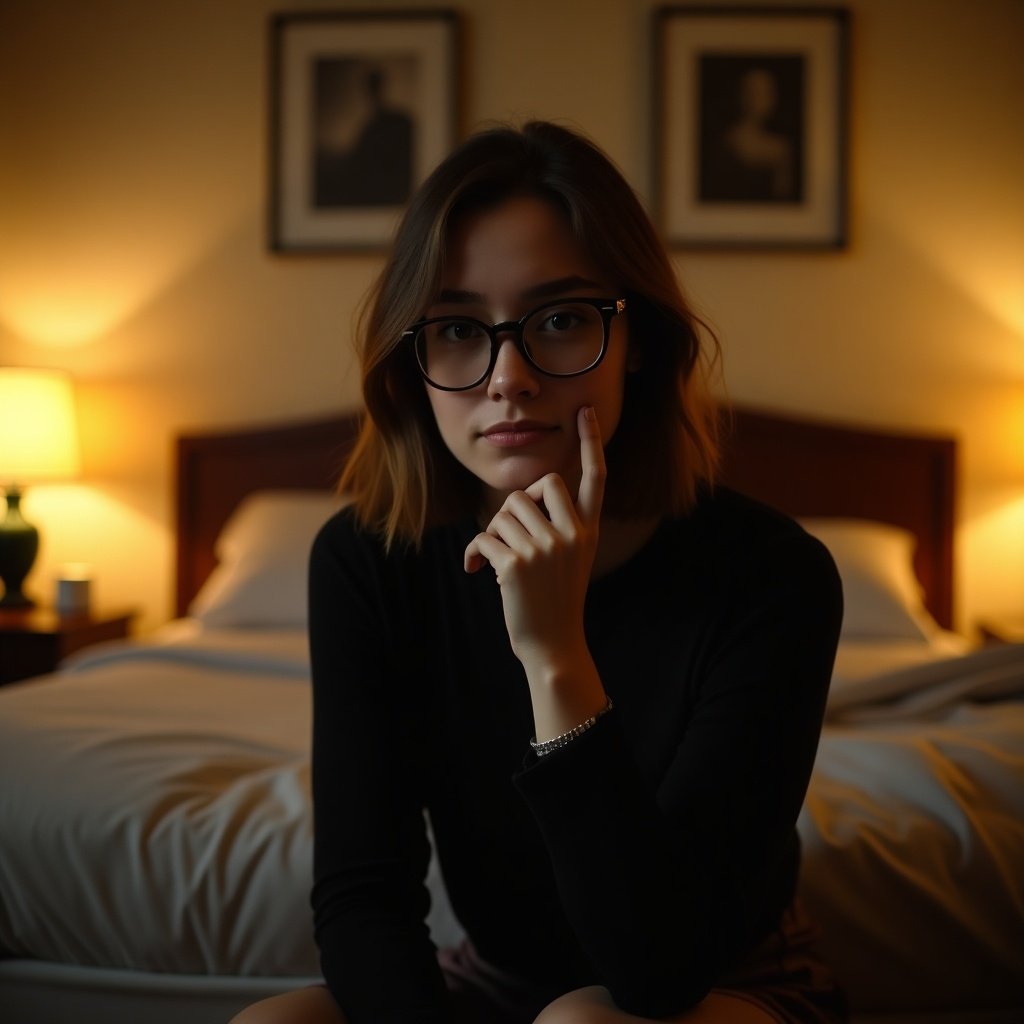 A young woman is seated on a bed in a warmly lit room. The ambiance is calm and introspective. Softly glowing lamps provide gentle lighting. Framed artwork decorates the background. The woman has shoulder-length brown hair and glasses. She appears pensive, resting her chin on one hand. The color palette is subdued and earthy. Her attire is stylish yet casual, enhancing the relaxed mood.