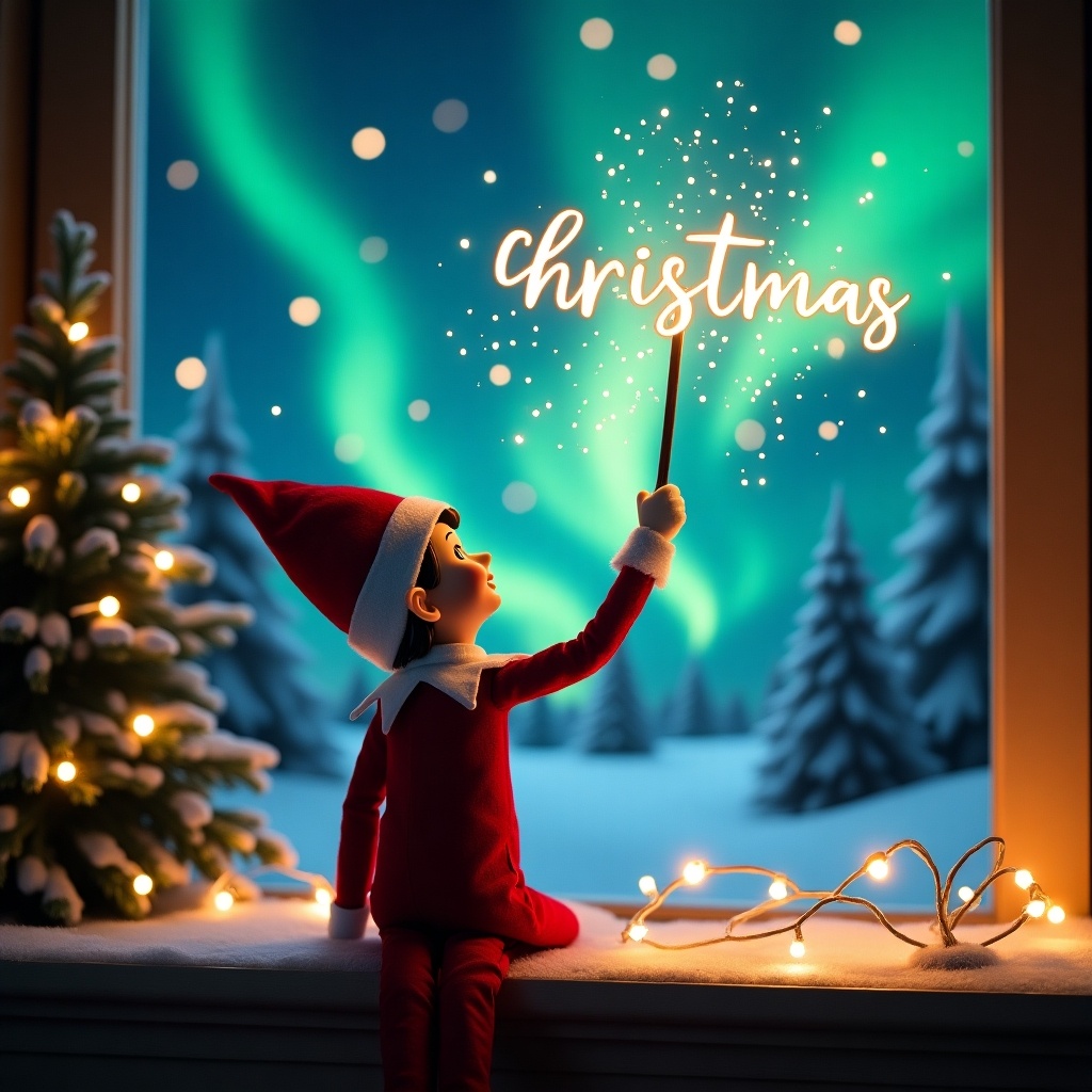 An enchanting Christmas scene featuring an elf on the shelf. The elf is dressed in red and white and is facing the vibrant northern lights. He holds a magic wand that writes names in glowing script above him. The atmosphere is festive and filled with holiday cheer. The scene captures the magical sense of wonder and excitement of Christmas, perfect for evoking joyous feelings during the holiday season.