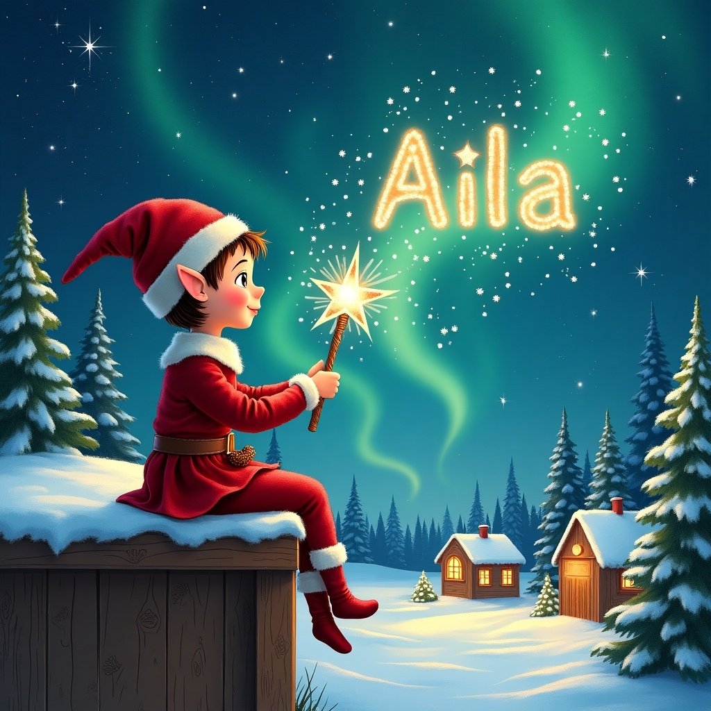 An elf sits on a wooden ledge dressed in red with a pointed hat. The elf holds a sparkling wand and writes 'Aila' in the sky. A snowy landscape with charming houses and evergreen trees under Northern Lights. A whimsical scene capturing childhood magic.