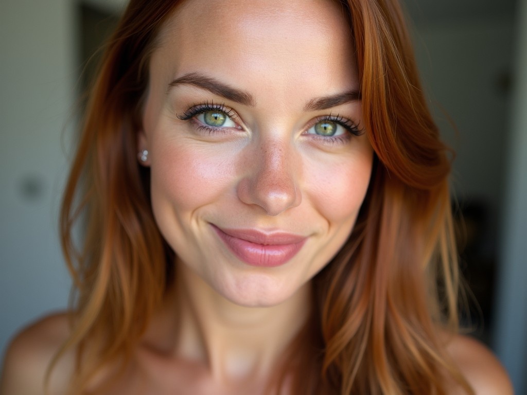 A woman with stunning green eyes and long straight auburn hair smiles softly. Her full lips and flawless skin are highlighted by gentle, natural light. The setting is relaxed and approachable, showcasing her natural beauty. The woman's expression conveys warmth and friendliness. This close-up portrait captures an inviting and serene atmosphere.