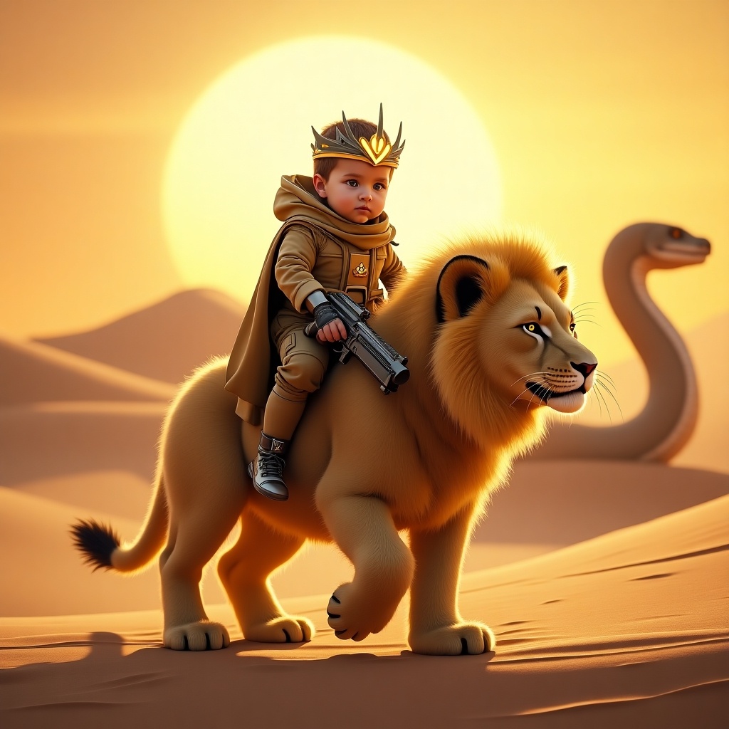 Highly detailed digital artwork set in desert at sunset. A baby in military uniform rides a mutant lion cub. Baby wears glowing crown and holds weapon. Lion cub has glowing fur and determined expression. Giant snake rises from sand dunes. Bright colors and intricate details.