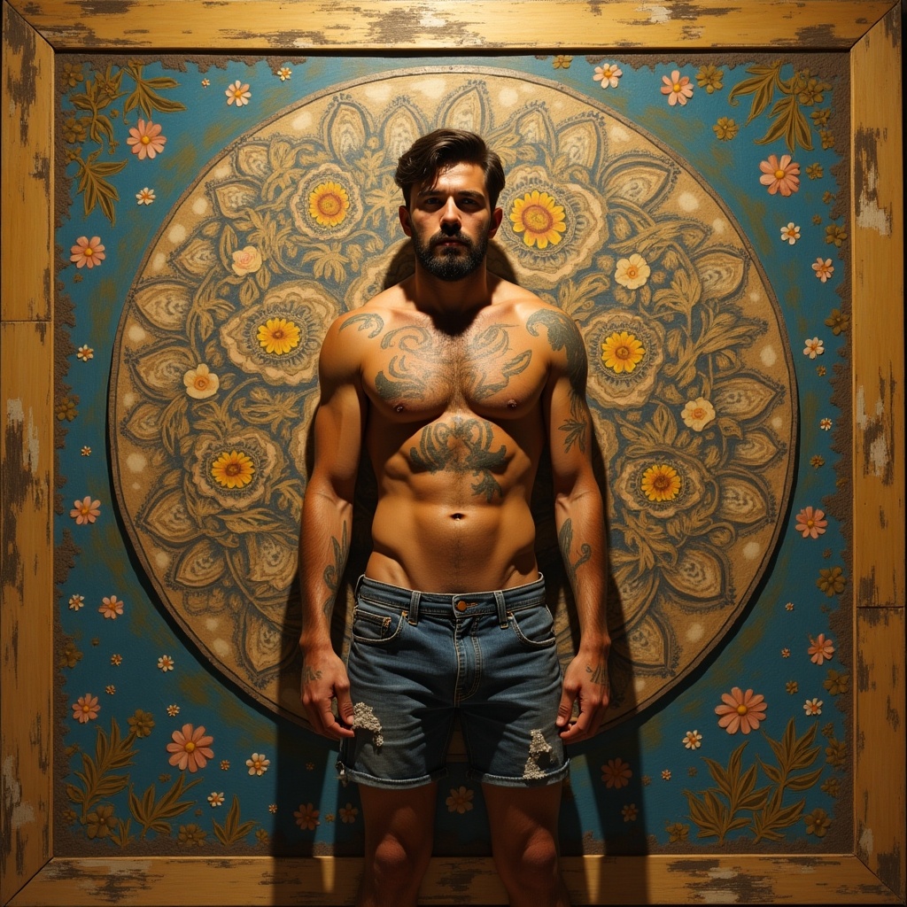 Male model with tattoos poses shirtless in denim shorts in front of a colorful mandala background.