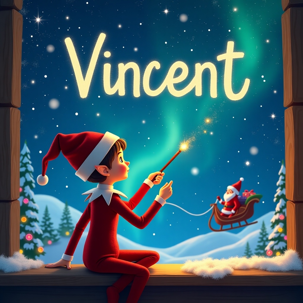 The image features an elf sitting on a window ledge with his back to the viewer. He is facing the sky, using a wand to write the name 'Vincent' in shimmering letters. The background is enchanting, depicting a magical Christmas scene complete with twinkling stars and colorful northern lights. In the background, Santa Claus can be seen in his sleigh, adding to the festive atmosphere. The elf is dressed in a classic red outfit and a pointed hat, emphasizing the holiday spirit.