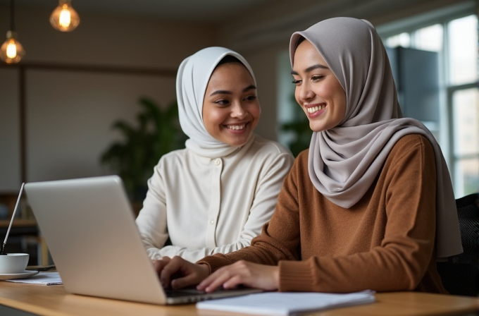 Two women with headscarves sit together smiling at a laptop in a cozy setting.