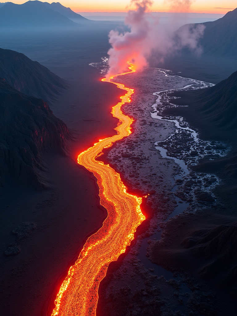 A glowing river of lava flows through a dark landscape, lighting up the surroundings with its bright orange hue.