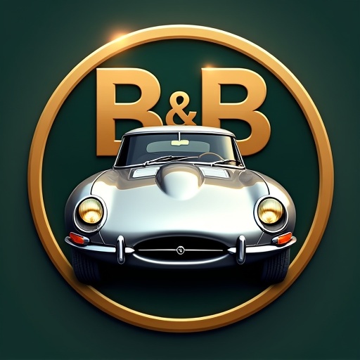 Logo design focused on B&B Automobiles. Features silver Jaguar E-Type. Two B's mirrored create an iconic look. Dark green background transitions to gold. Sporty car depicted dynamically. Headlights illuminated for effect.