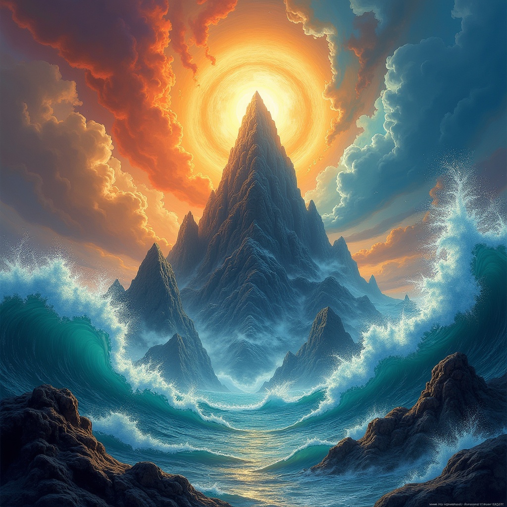 Depiction of Samudra Manthan featuring a central mountain. Two groups: Devas on one side and Asuras on the opposite. Bright ocean waves and a colorful sky. Energetic mythological scene.