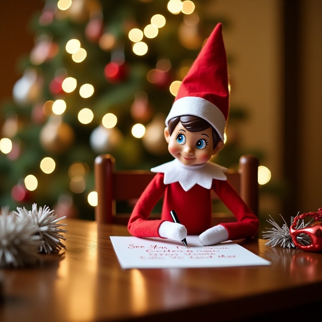 An Elf on the Shelf doll sits at a wooden table, carefully writing a note. The elf is dressed in a classic red outfit with a pointed hat. The note reads 'See You Soon Carter, Alek, and Max.' Behind the elf, a beautifully decorated Christmas tree shines in the background. Soft lighting creates a warm, inviting atmosphere perfect for the holiday season. Nearby, festive decorations are scattered, enhancing the cheerful mood of the scene.