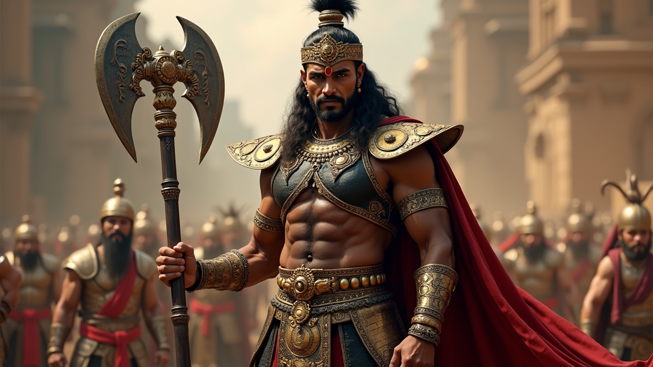 Clear ultra HD image of Duryodhana, tall muscular warrior in black golden armor. Holding massive mace with an arrogant determined expression. Standing in front of Kaurava army.