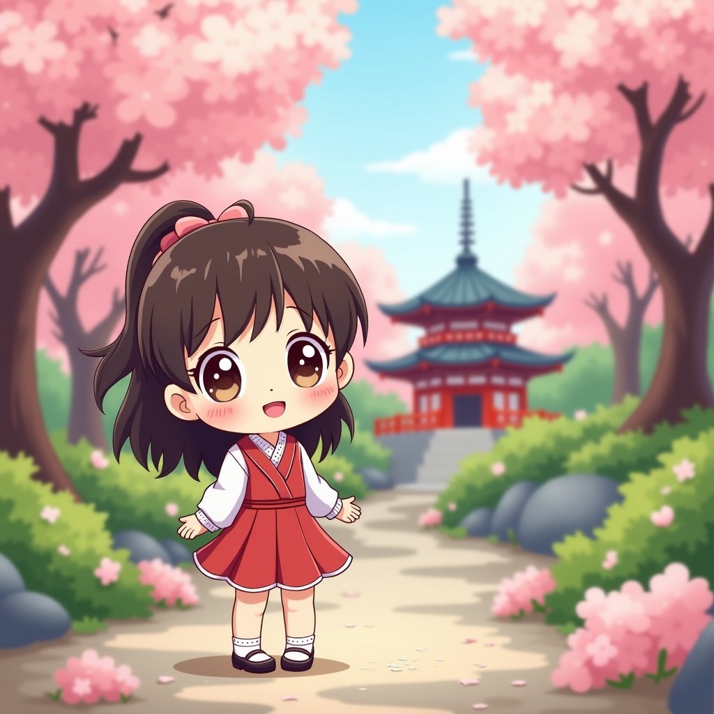 Cute Japanese girl stands in a serene environment. Blooming cherry blossom trees surround a traditional Japanese pagoda. Joyful expression and cartoon style make the image appealing.