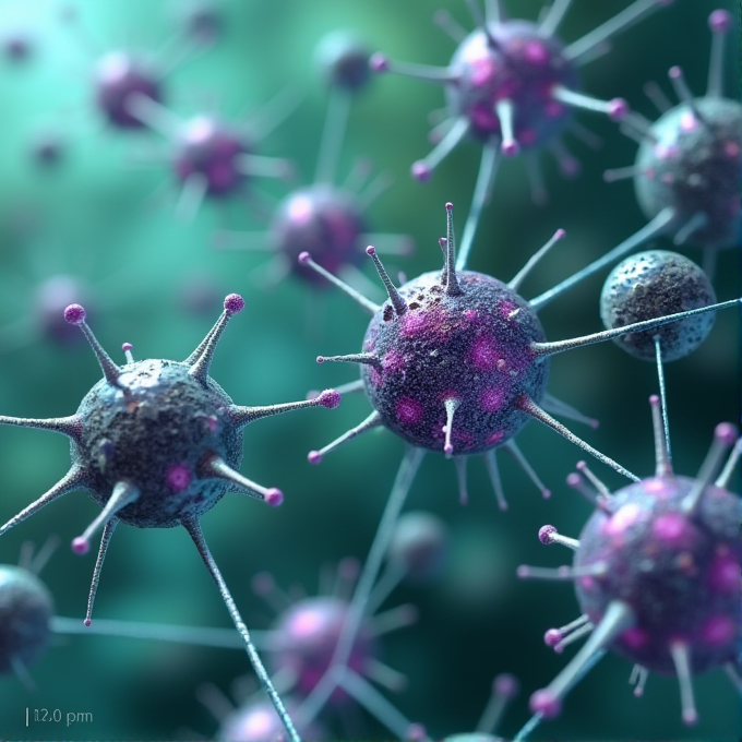 A close-up view of several purple and blue, spiky viruses floating in a green background.