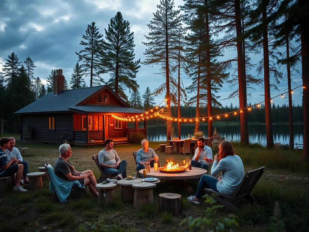 A serene scene captures a group of people enjoying a campfire outside a cozy cabin by the lake. Surrounded by tall pine trees, the gathering takes place under soft, ambient string lights that add warmth to the setting. The lake provides a peaceful backdrop as the evening sky transitions to dusk.