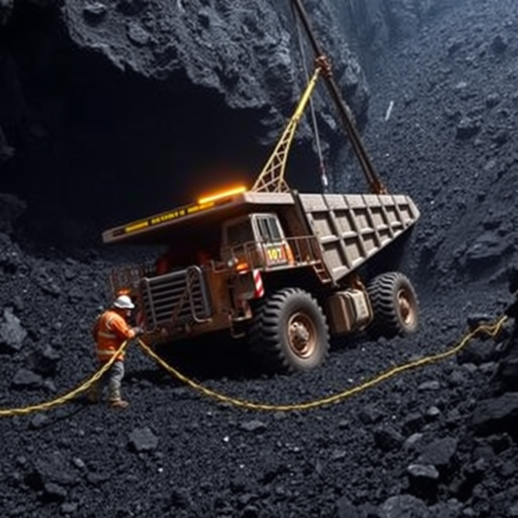 A large dump truck in a coal mine with a worker in safety gear handling a cable.