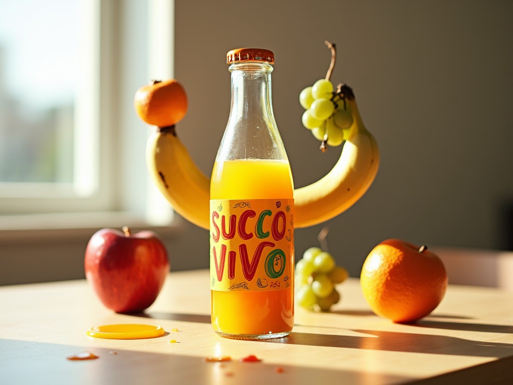 This image showcases a bottle of orange juice labeled 'Succo Vivo' surrounded by a colorful arrangement of fruits including an apple, banana, grapes, and an orange. The scene is bathed in natural sunlight, casting soft shadows and highlighting the freshness and vibrancy of the fruits, creating a refreshing and appealing visual.