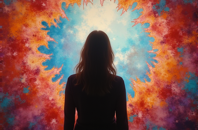 A silhouette of a person stands before a vibrant, colorful cosmic pattern.