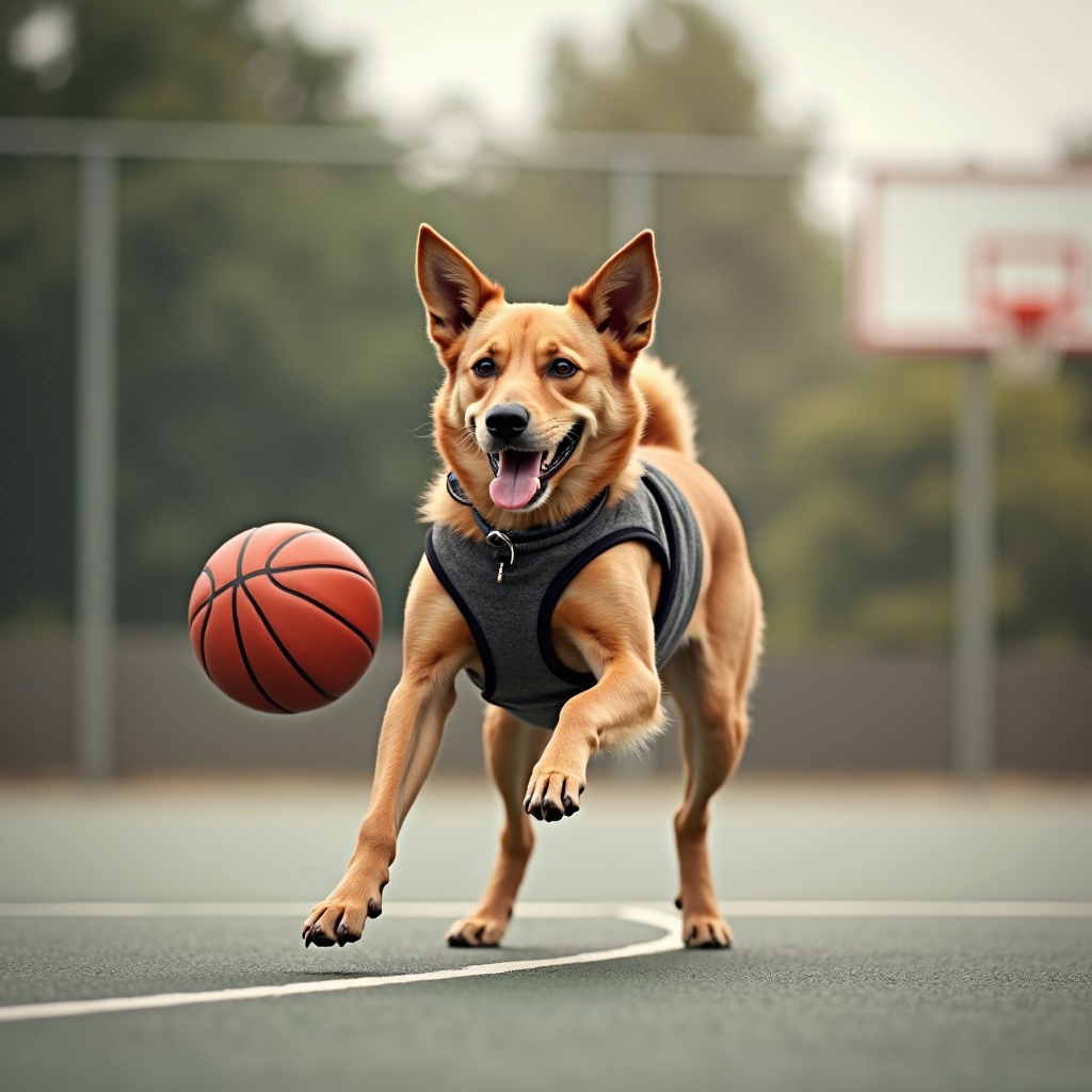 A playful dog is actively engaged in a game of basketball on a court. The dog, with a shiny brown coat and energetic demeanor, is running after a bouncing basketball. The background features blurred basketball hoops and trees, emphasizing the sport and outdoor setting. Soft, natural lighting enhances the scene, making it lively and engaging. The dog's excitement is palpable as it plays. This image captures the playful spirit of pets enjoying physical activities together with humans.