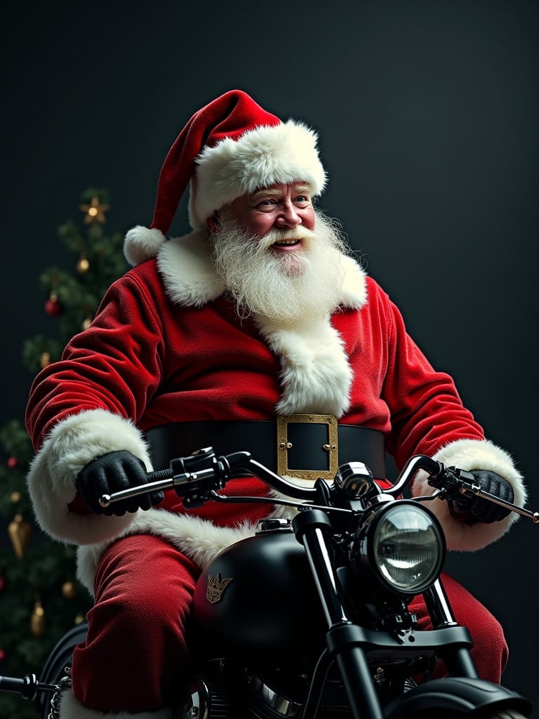 Christmas themed image featuring Biker Santa. Background is black. Santa wears red suit with white fur accents. He rides a motorcycle. Tree appears in background, enhancing Christmas vibe.