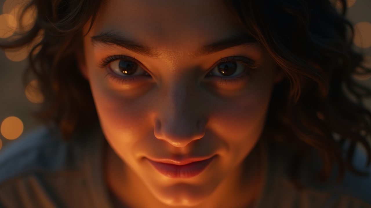 Close-up portrait of a woman with warm lighting and bokeh background