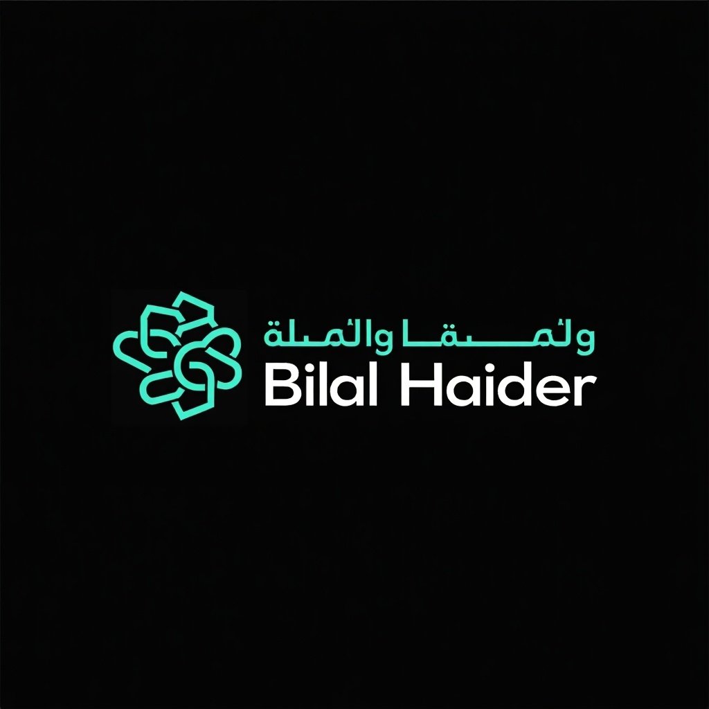 Logo of Bilal Haider features abstract geometric teal design and bold white text on a black background with Arabic script text above.