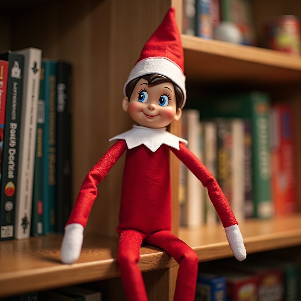 This image features a cheerful Elf on the Shelf, a popular holiday decoration. The elf sits on a wooden shelf among books, displaying a playful expression. Its red outfit and white collar are vibrant against the background. This scene evokes a warm, festive atmosphere. The soft lighting highlights the elf's features, making it an inviting focal point for holiday-themed content.