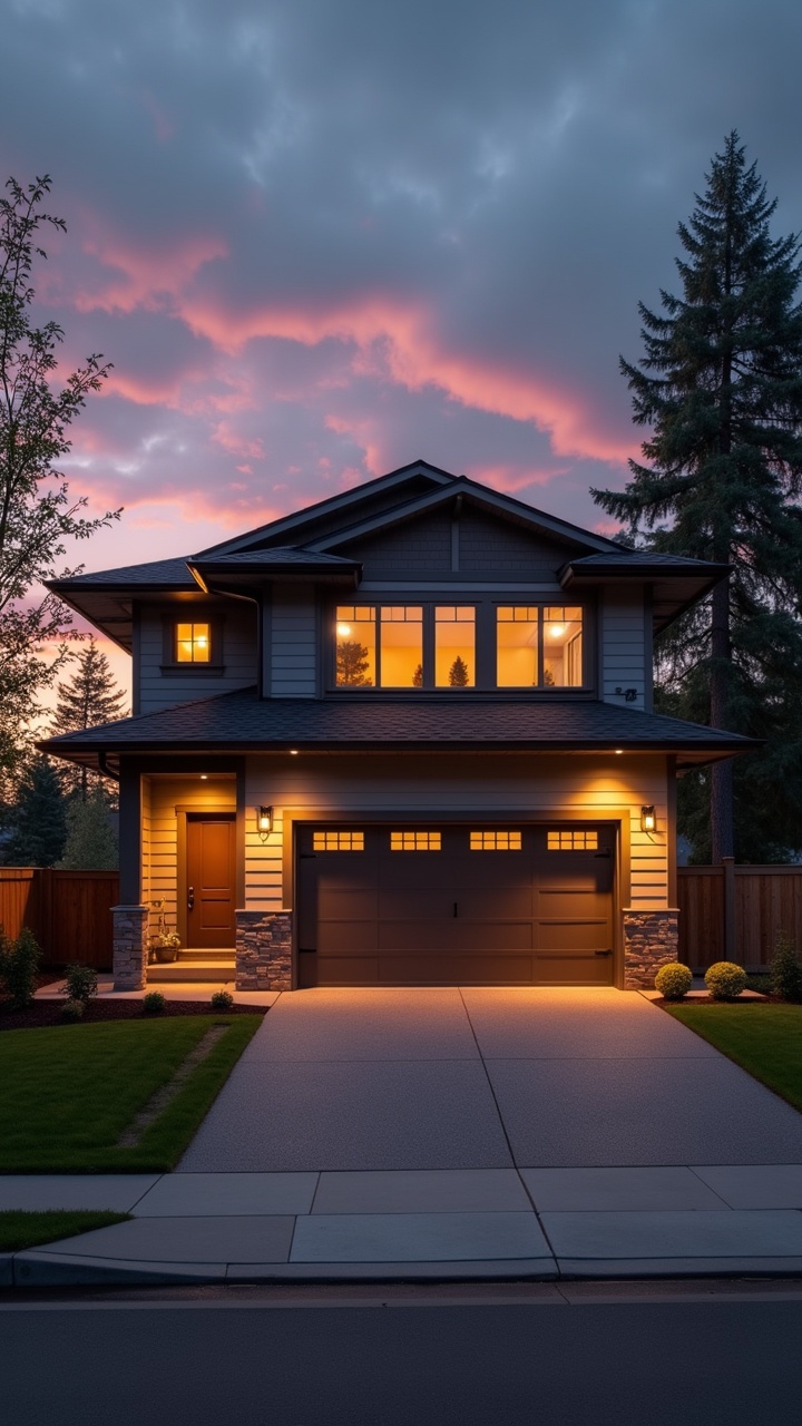 The image showcases a modern house at dusk, perfectly framed between lush greenery and a stunning sunset sky. The house features a warm glow from its large windows, highlighting its inviting interior. A well-maintained driveway leads up to a sleek garage, emphasizing the home's modern design. The earthy neutral colors of the exterior blend harmoniously with the natural landscape. Overall, this image captures the essence of contemporary living in a serene environment.