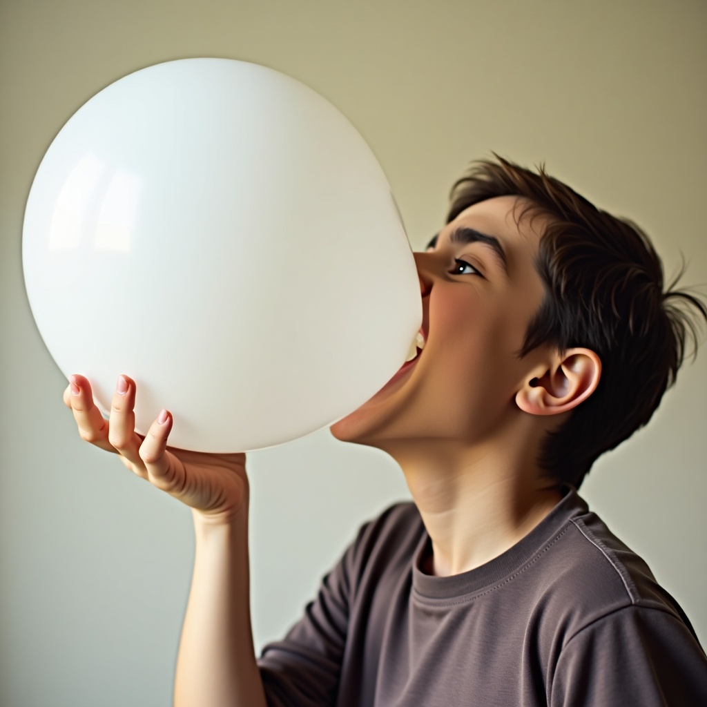 A playful scene with a person holding a large white balloon in a fun way.