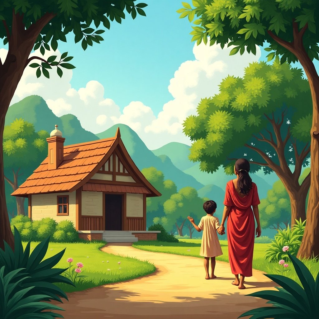 Scene with a mother and child walking towards a traditional house in a lush green landscape. Their backs are turned to the viewer. The house is quaint, surrounded by hills and trees. Bright and sunny atmosphere enhances the tranquil setting.