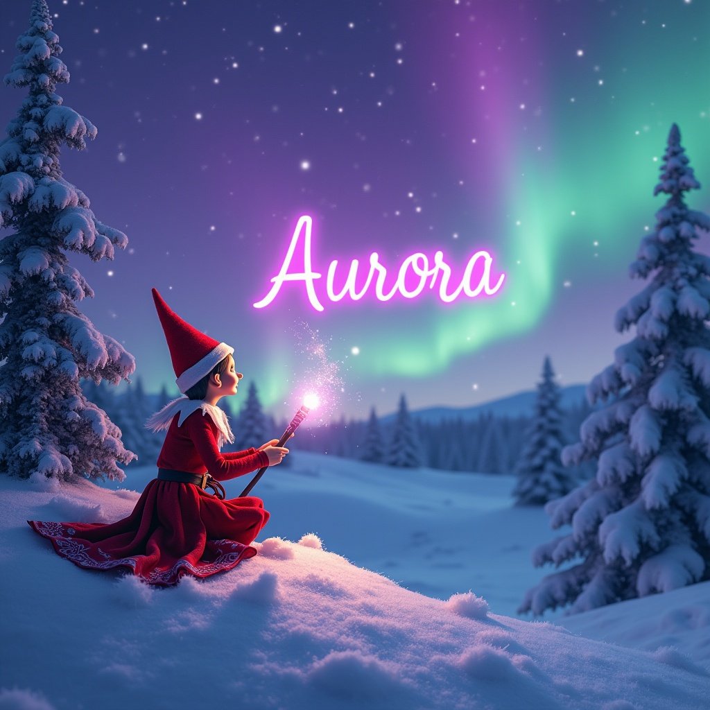 A magical snowing landscape lit up by twinkling stars and vibrant northern lights. The sky features stunning purple and green colors. A traditional red Elf on the Shelf is seated in the soft snow on a hill. This elf gazes upward, enchanted by the night sky. It holds a glowing magic wand, writing the name 'Aurora' in the colors of the northern lights.