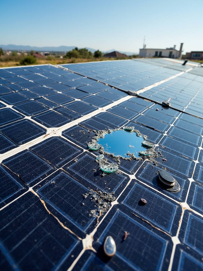 Smashed solar panels on a rooftop exhibit damage. One panel has a noticeable hole surrounded by dirt and debris. Clear sky provides bright lighting. Solar panels arranged in a grid. Focus on the wear and tear of solar technology.