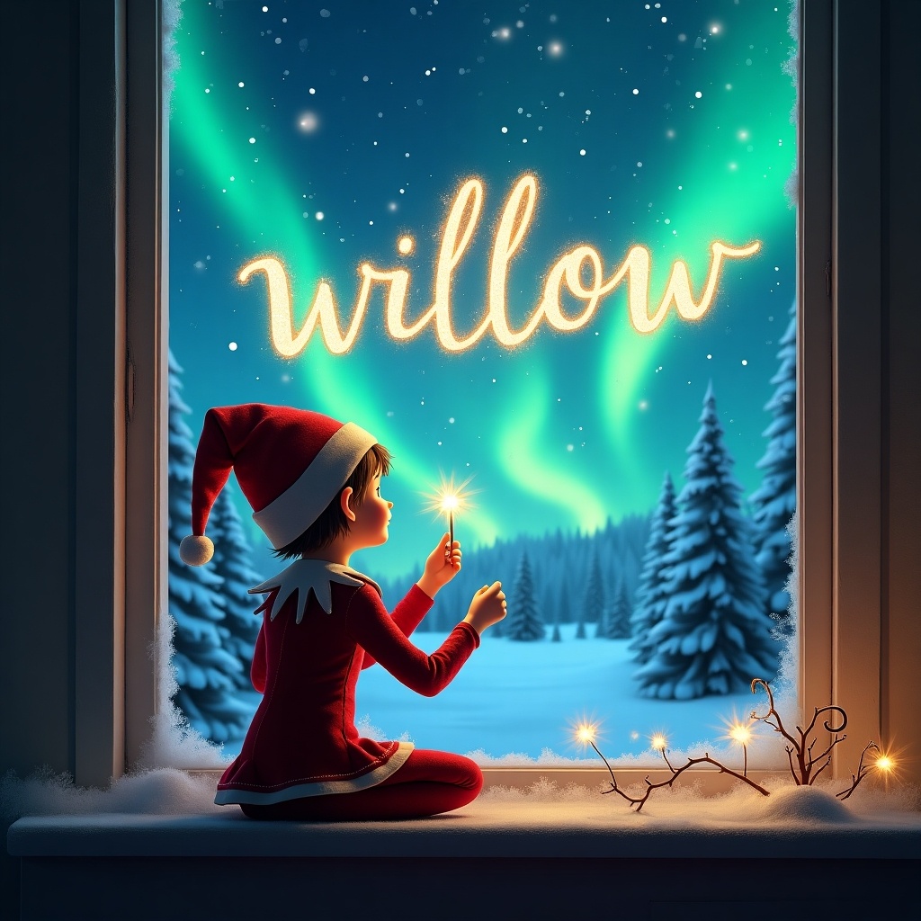 The image depicts a whimsical scene featuring an elf on the shelf. The elf sits on a window sill, facing a magical night sky filled with northern lights. Using a wand, the elf joyfully creates the name 'willow' in sparkles across the sky. The background displays serene, snow-covered trees, enhancing the festive feel. It's a heartwarming portrayal, capturing a special holiday moment that resonates with cheer and wonder.