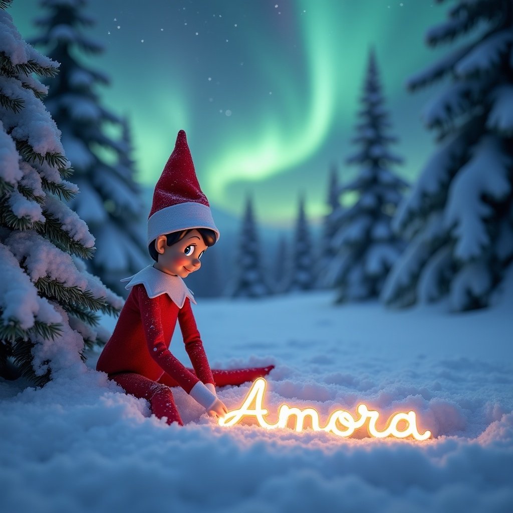 Animated elf in red outfit sitting in snow. Elf is writing Amora in illuminated cursive. Background has vibrant northern lights. Snow-covered pine trees frame the scene. Whimsical and festive atmosphere.