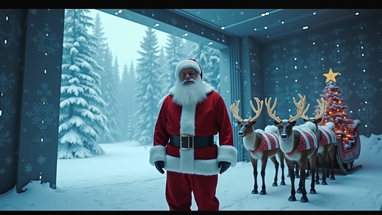 Cinematic image showcases Santa Claus in high-tech room looking to the camera. Holographic designs add modern touch. Openings reveal snowy woods and sky. Sleigh with reindeer parked. Wide shot with Santa surrounded by glowing models.