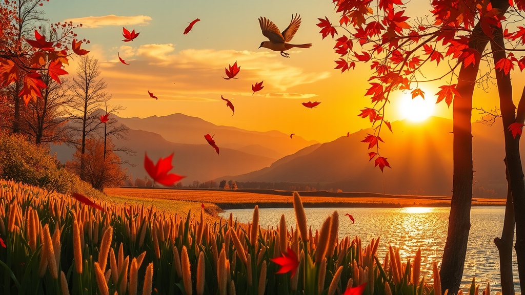 A picturesque autumn scene with red leaves falling over a serene lake during sunset.