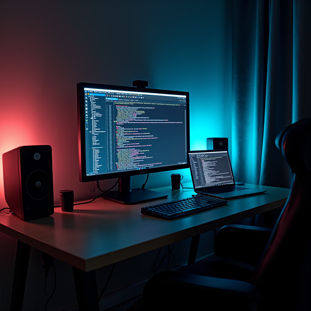 A dimly lit workspace with a large monitor and laptop displaying code, surrounded by speakers and colorful ambient lights.