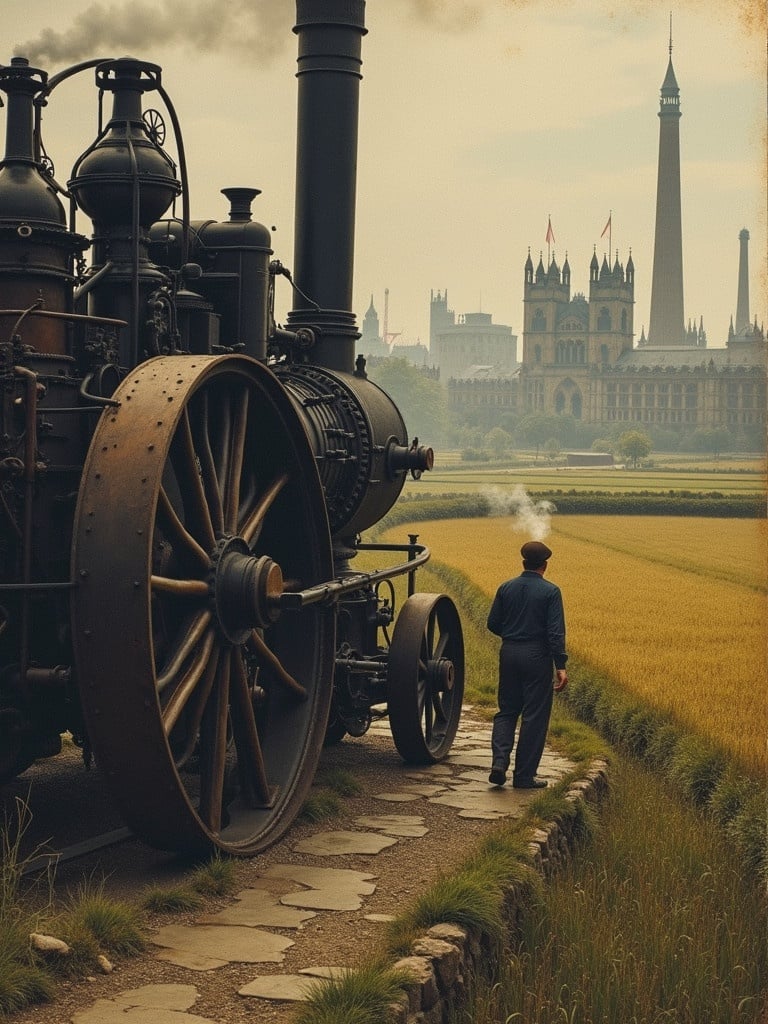 Scene set in Industrial Revolution-era London featuring a steam engine. A worker stands near the steam engine while the London skyline is visible in the background with historical architecture. This contrasts with traditional Chinese farms on the side.