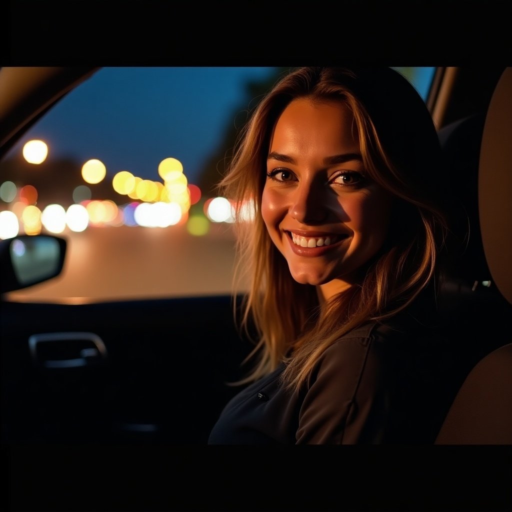 Smiling woman inside a car at night. Bright city lights in the background. Lifestyle photography vibe.