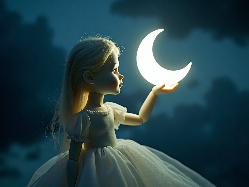 A doll holding a glowing crescent moon in a dark, dreamy night setting