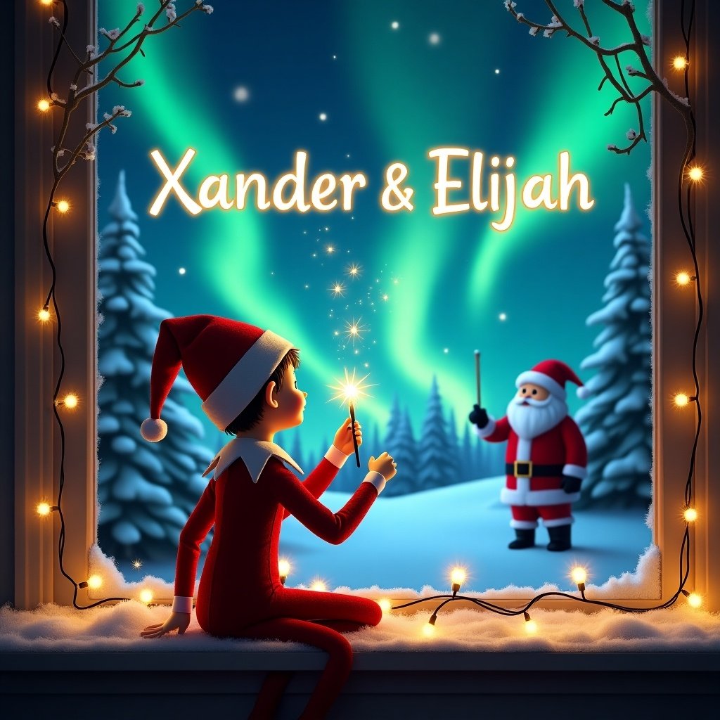 The image depicts an elf on the shelf, seated with his back towards the viewer, gazing up at the night sky. He holds a wand, magically writing the names 'Xander & Elijah' in glowing letters. The backdrop is a whimsical Christmas scene featuring vibrant northern lights swirling in the sky. Santa Claus is visible in the distance, bringing festive cheer to the scene. Snow-covered trees frame the window, enhancing the holiday atmosphere. Lights drape over the window sill, adding a cozy touch.