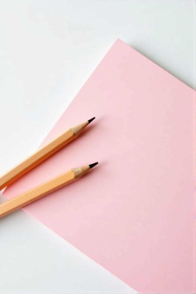 Two wooden pencils rest on the edge of a light pink paper with a white background.